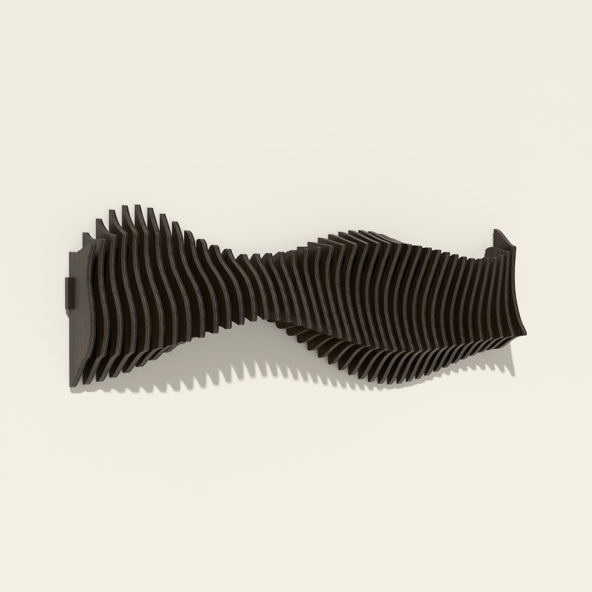 Anomaly wall sculpture, birch hand-stained black, seen from the side