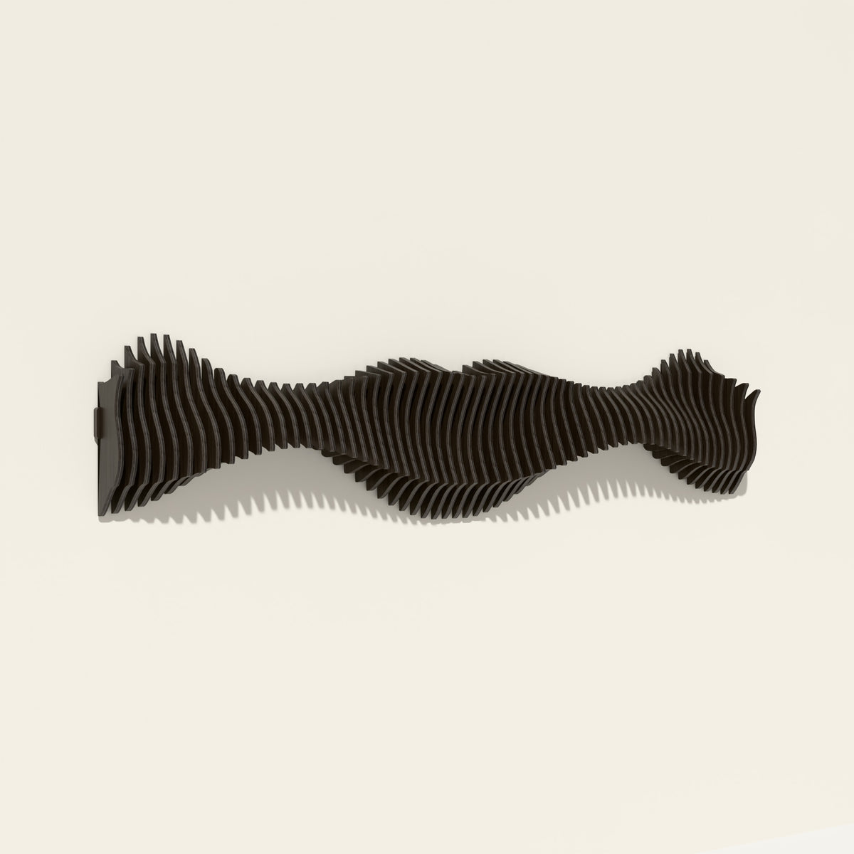 Anomaly II wood wall sculpture in black stain, side angle