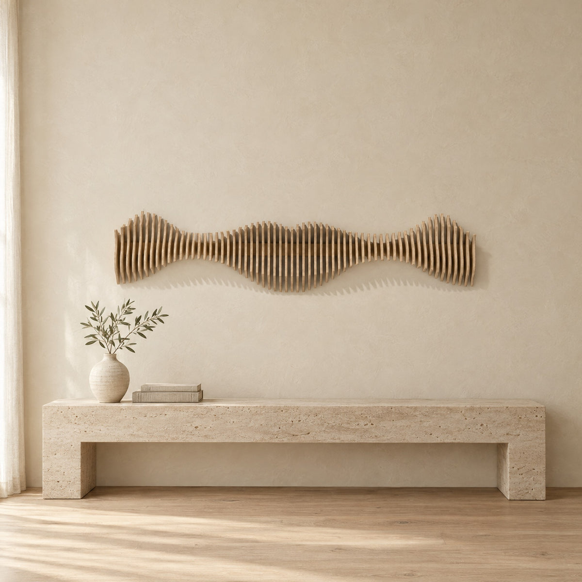 Anomaly II in natural birch above a travertine console in an ivory limewash living room