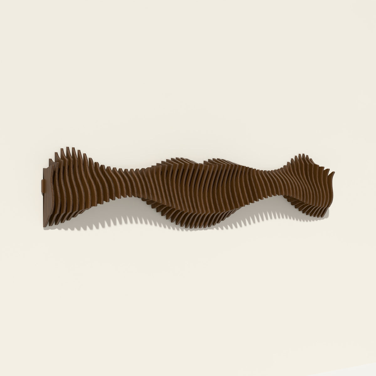 Anomaly II wood wall sculpture in walnut stain, side angle