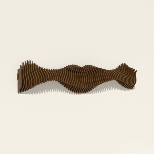 Anomaly II wood wall sculpture in walnut stain, side angle