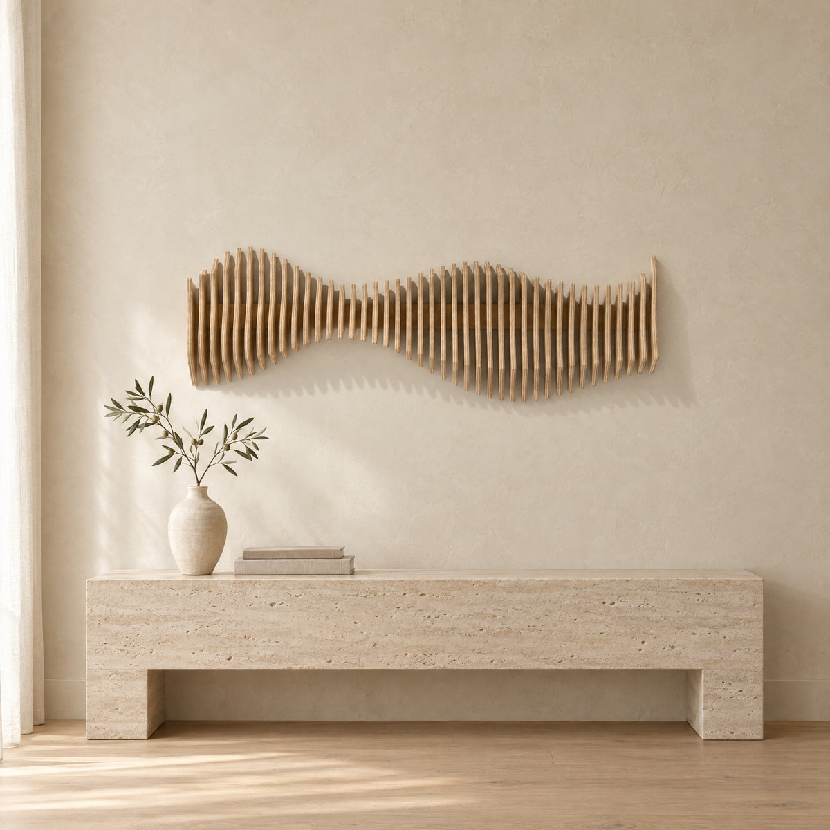 Anomaly in natural birch above a travertine console in an ivory limewash living room