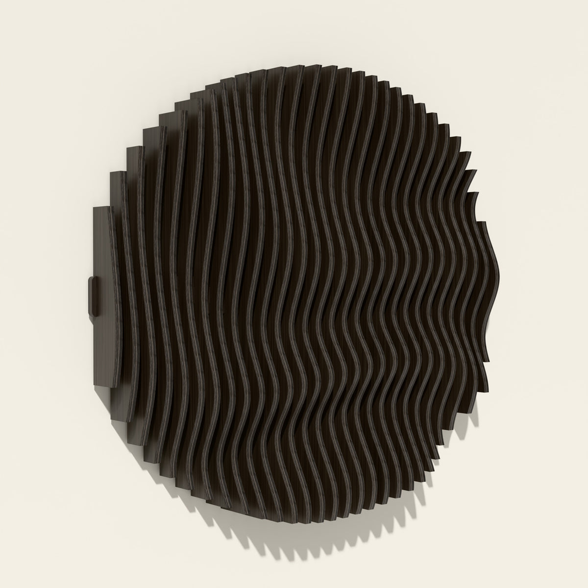 Asahi wall sculpture, birch hand-stained black, seen from the side
