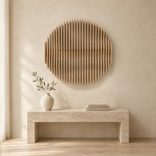 Asahi in natural birch above a travertine console in an ivory limewash living room