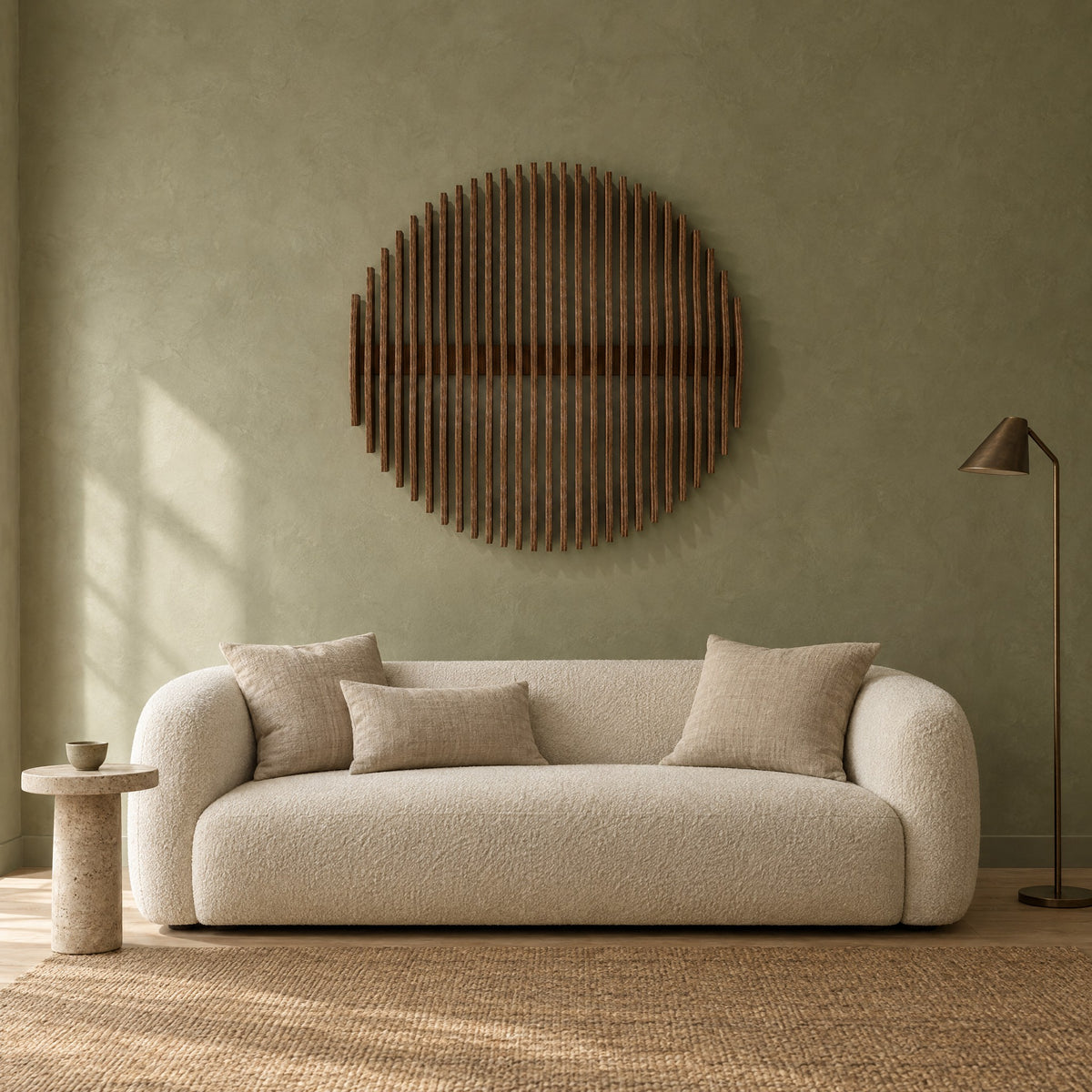Asahi in walnut stain above a cream bouclé sofa in a sage plaster living room
