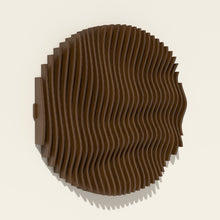 Asahi wall sculpture, birch hand-stained in a walnut tone, seen from the side