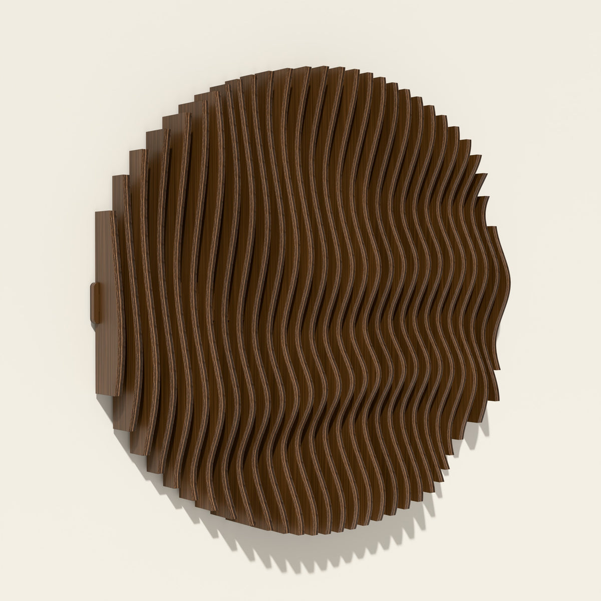 Asahi wall sculpture, birch hand-stained in a walnut tone, seen from the side