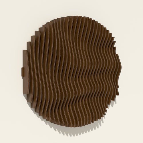 Asahi wall sculpture, birch hand-stained in a walnut tone, seen from the side
