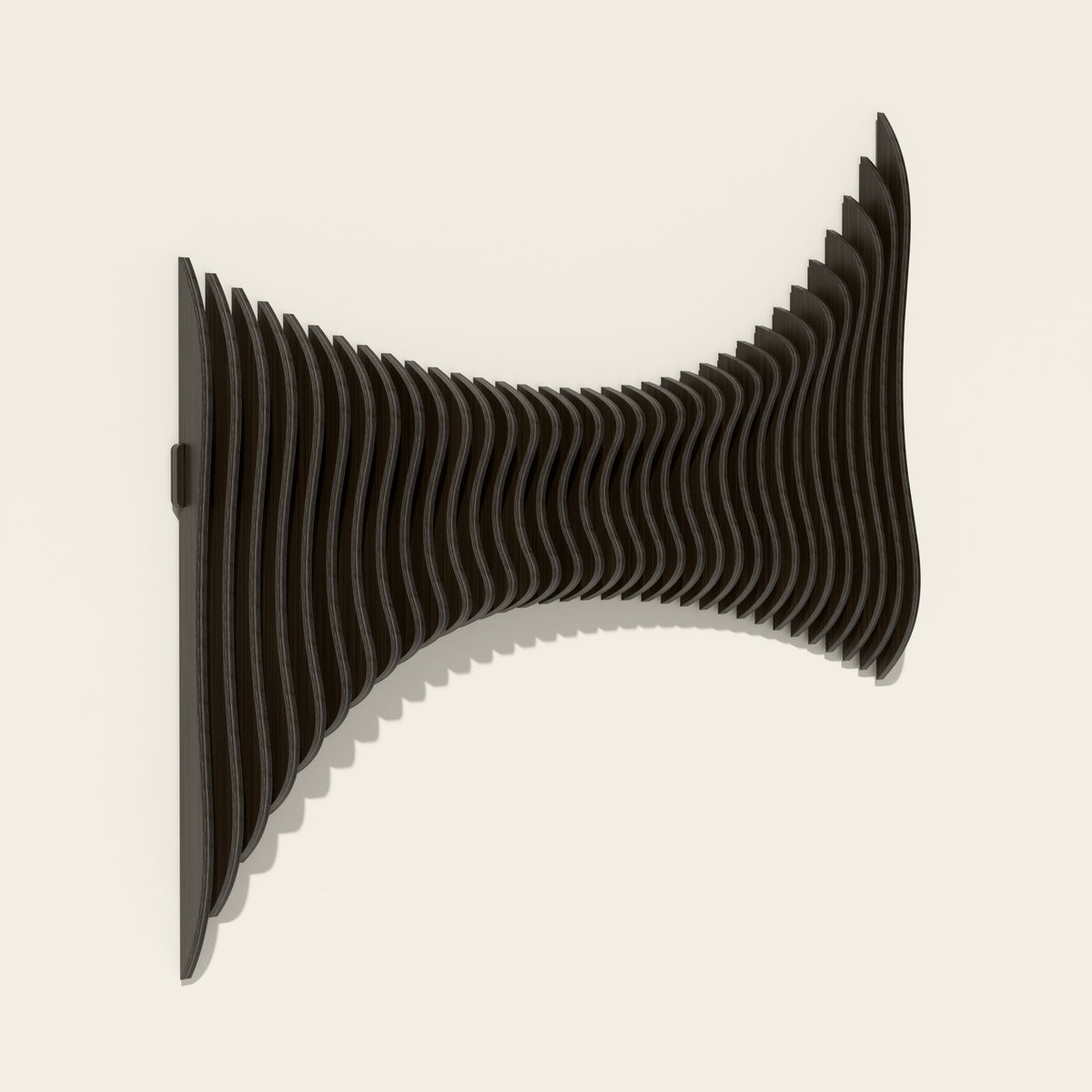 Cadence wood wall sculpture in black stain, side angle