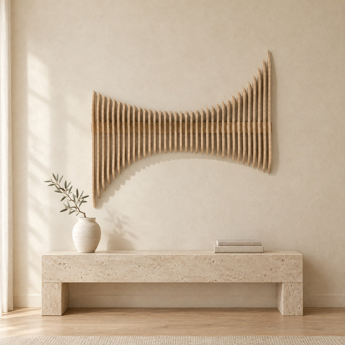 Cadence in natural birch above a travertine console in an ivory limewash living room