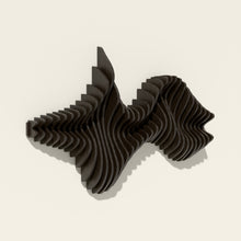 Convergence wood wall sculpture in black stain, side angle
