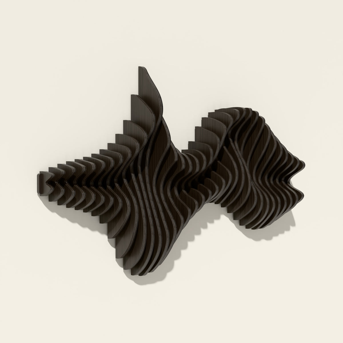 Convergence wood wall sculpture in black stain, side angle