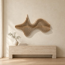 Convergence in natural birch above a travertine console in an ivory limewash living room