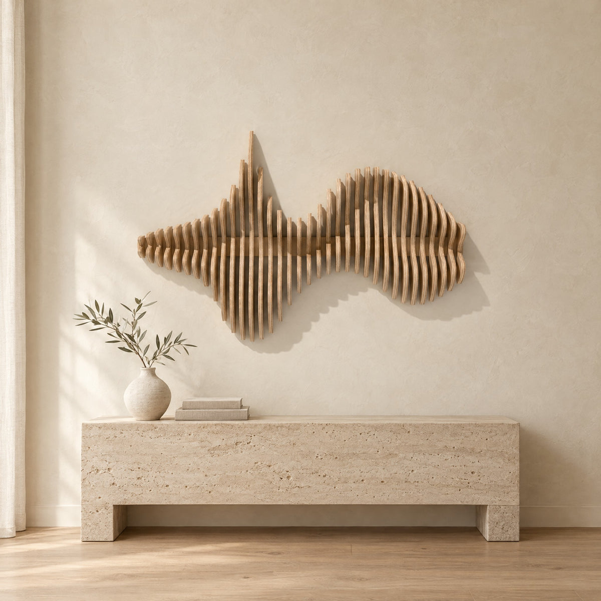 Convergence in natural birch above a travertine console in an ivory limewash living room