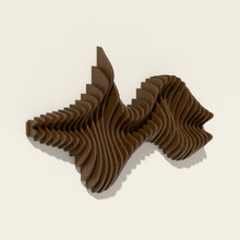 Convergence wood wall sculpture in walnut stain, side angle