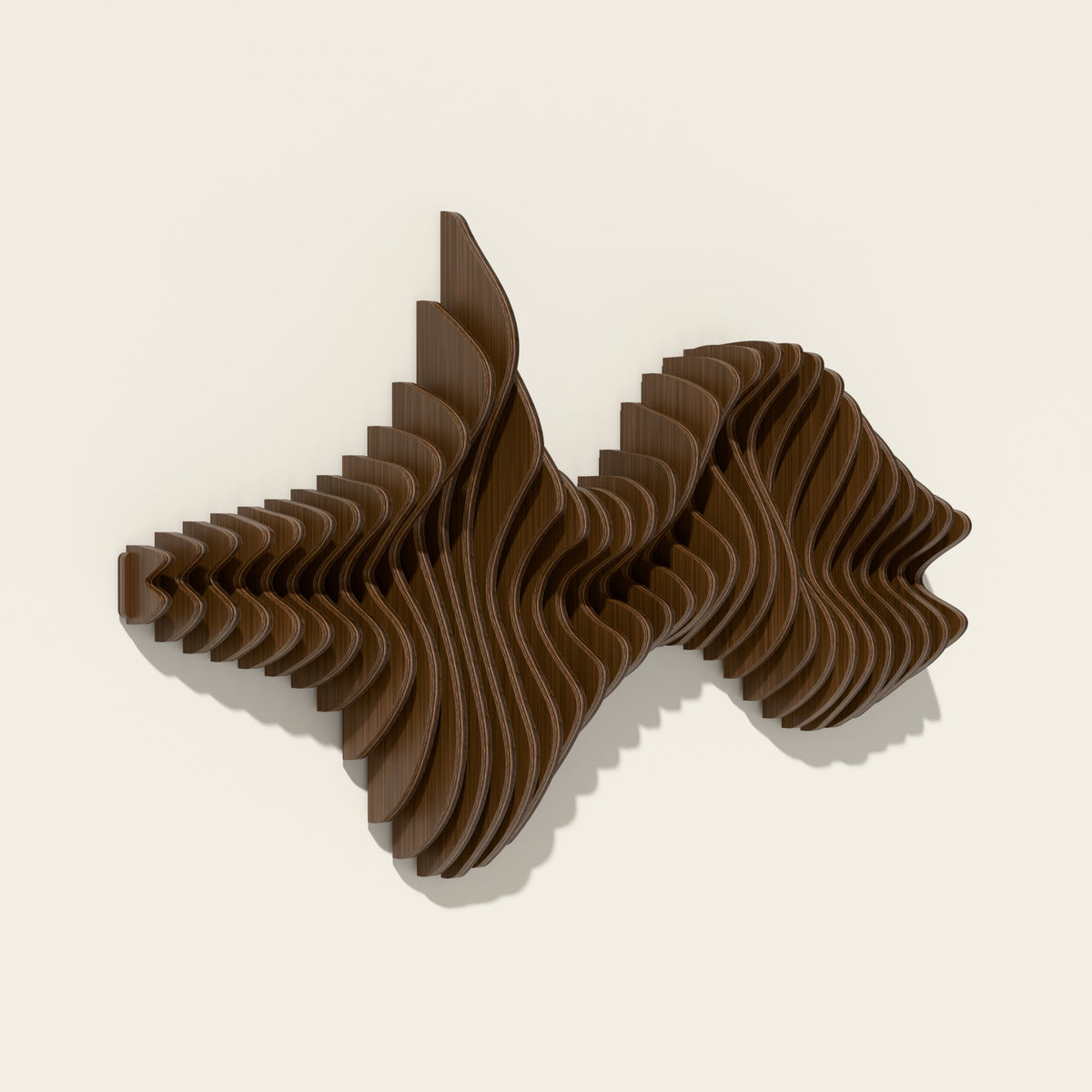 Convergence wood wall sculpture in walnut stain, side angle