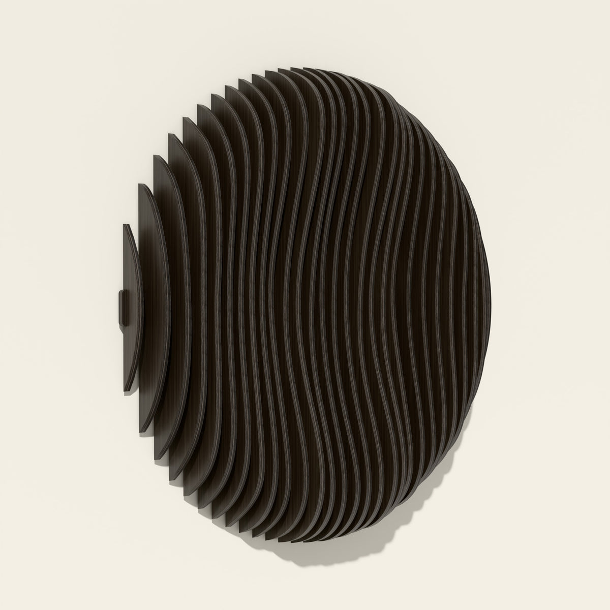 Eclipse wood wall sculpture in black stain, side angle