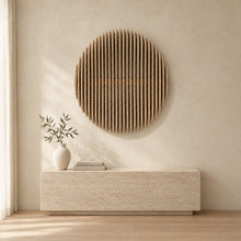 Eclipse in natural birch above a travertine console in an ivory limewash living room