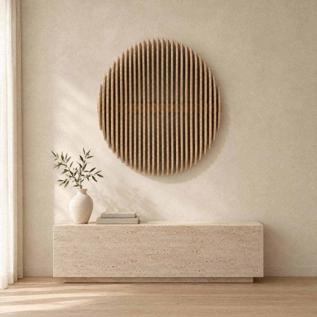 Eclipse in natural birch above a travertine console in an ivory limewash living room