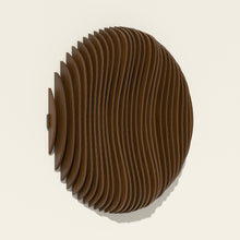 Eclipse wood wall sculpture in walnut stain, side angle