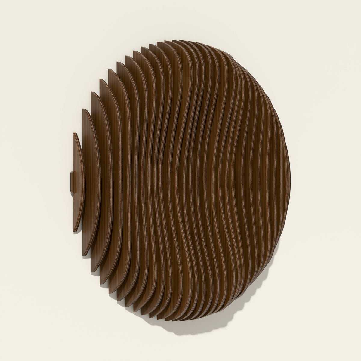 Eclipse wood wall sculpture in walnut stain, side angle
