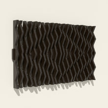 Equinox wood wall sculpture in black stain, side angle