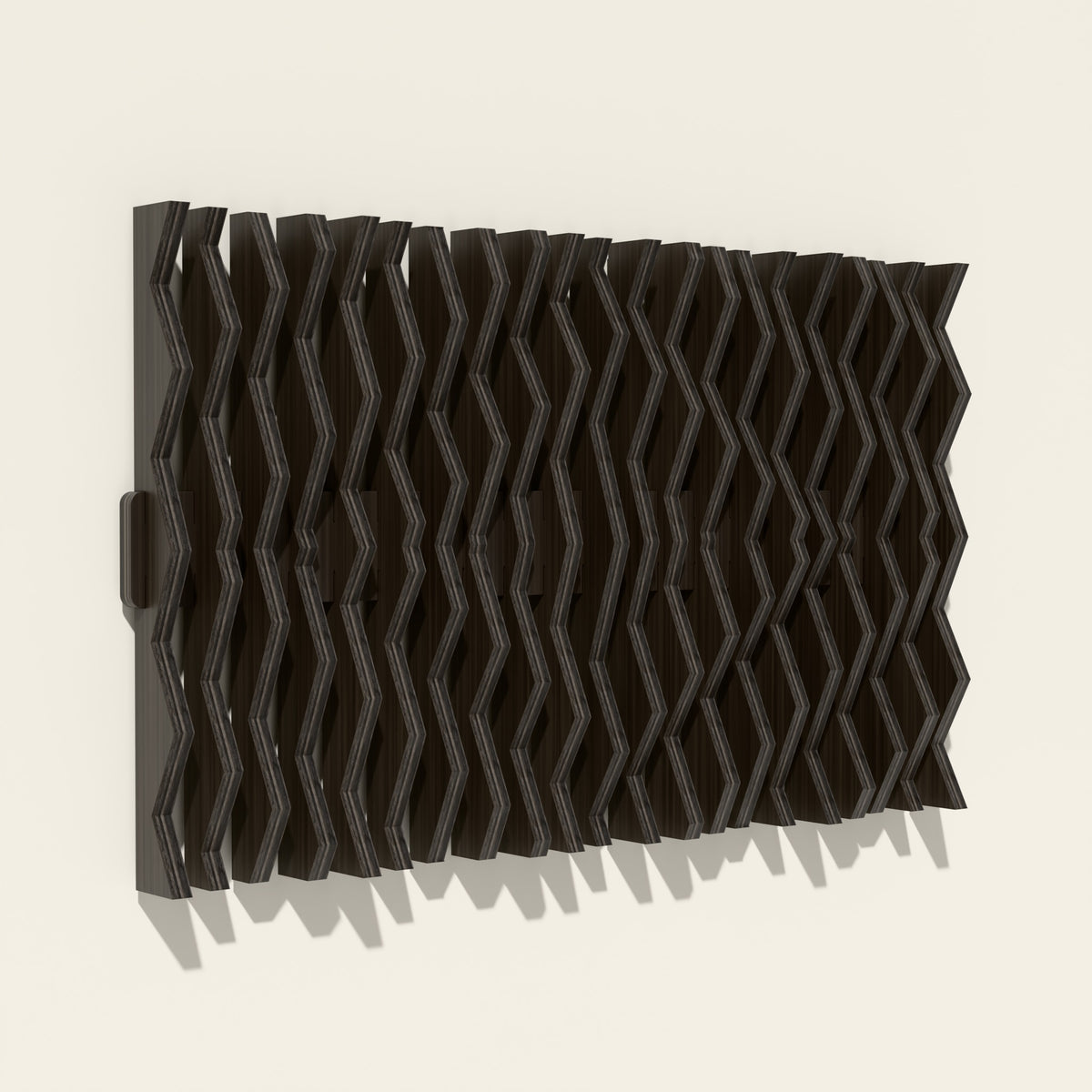 Equinox wood wall sculpture in black stain, side angle