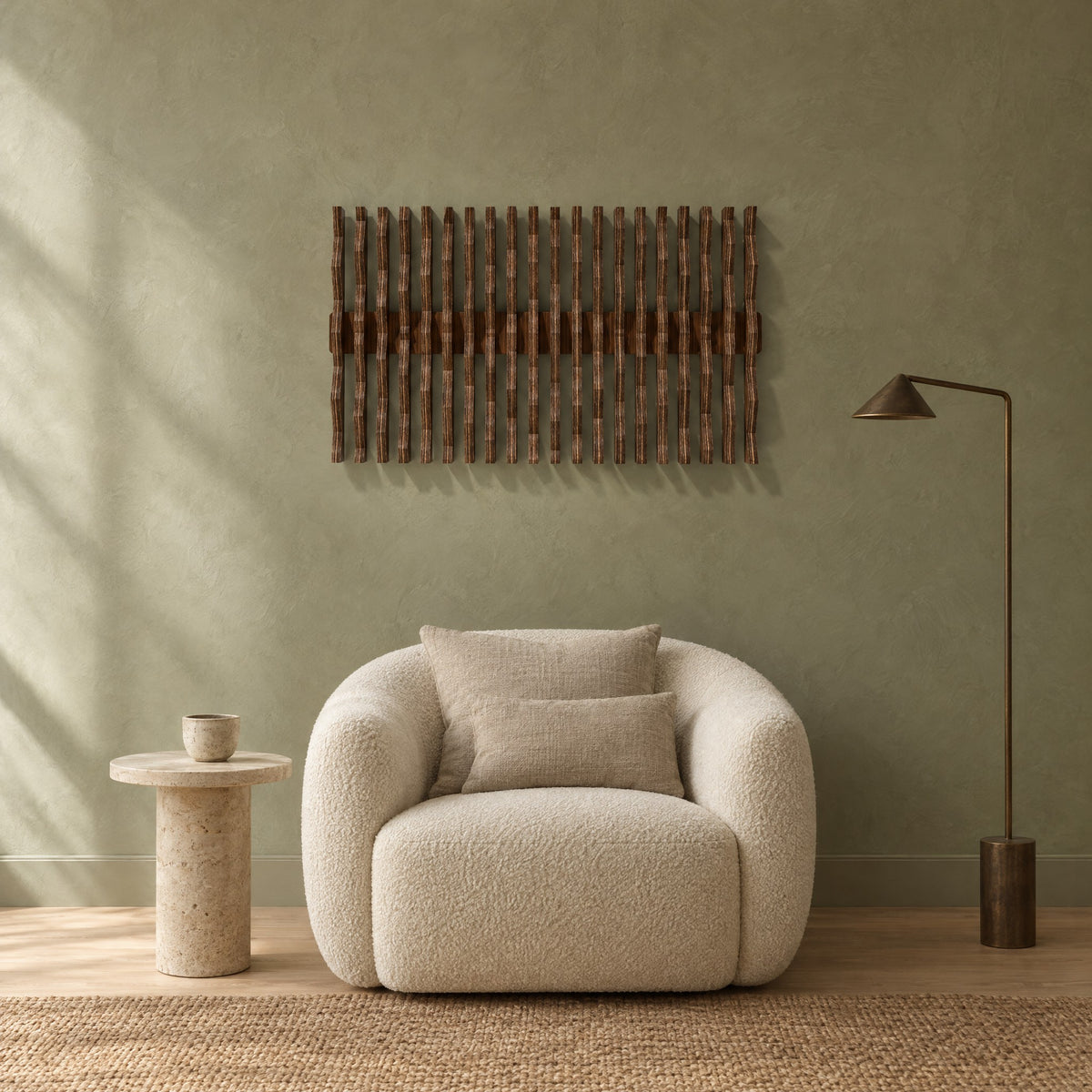 Equinox in walnut stain above a cream bouclé armchair in a sage plaster living room