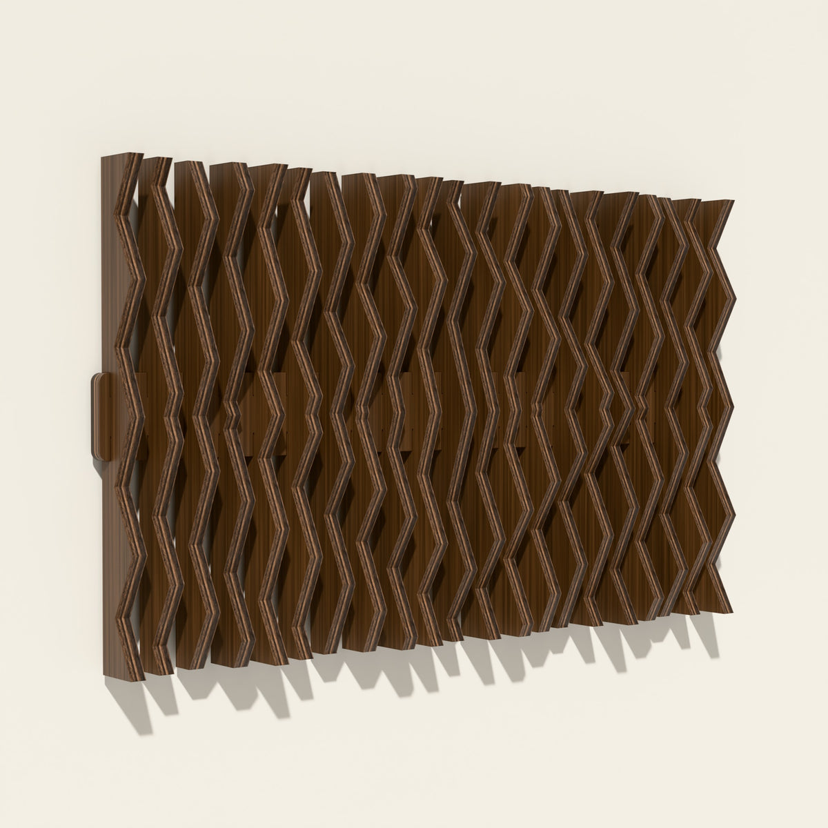 Equinox wood wall sculpture in walnut stain, side angle