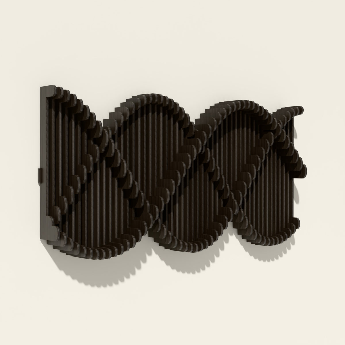 Helix wood wall sculpture in black stain, side angle