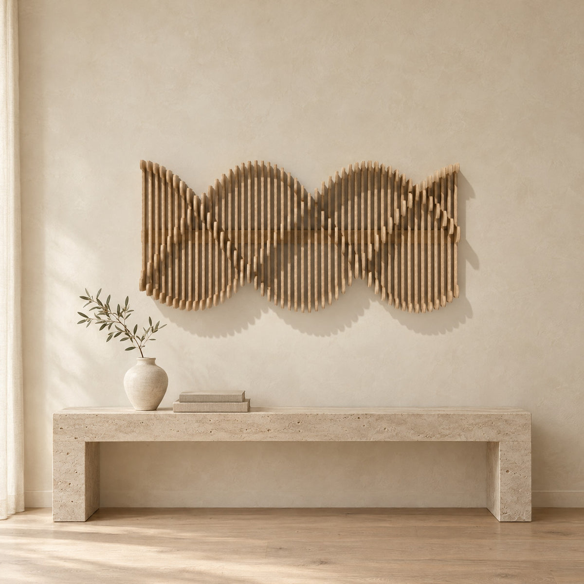 Helix in natural birch above a travertine console in an ivory limewash living room