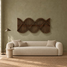 Helix in walnut stain above a cream bouclé sofa in a sage plaster living room