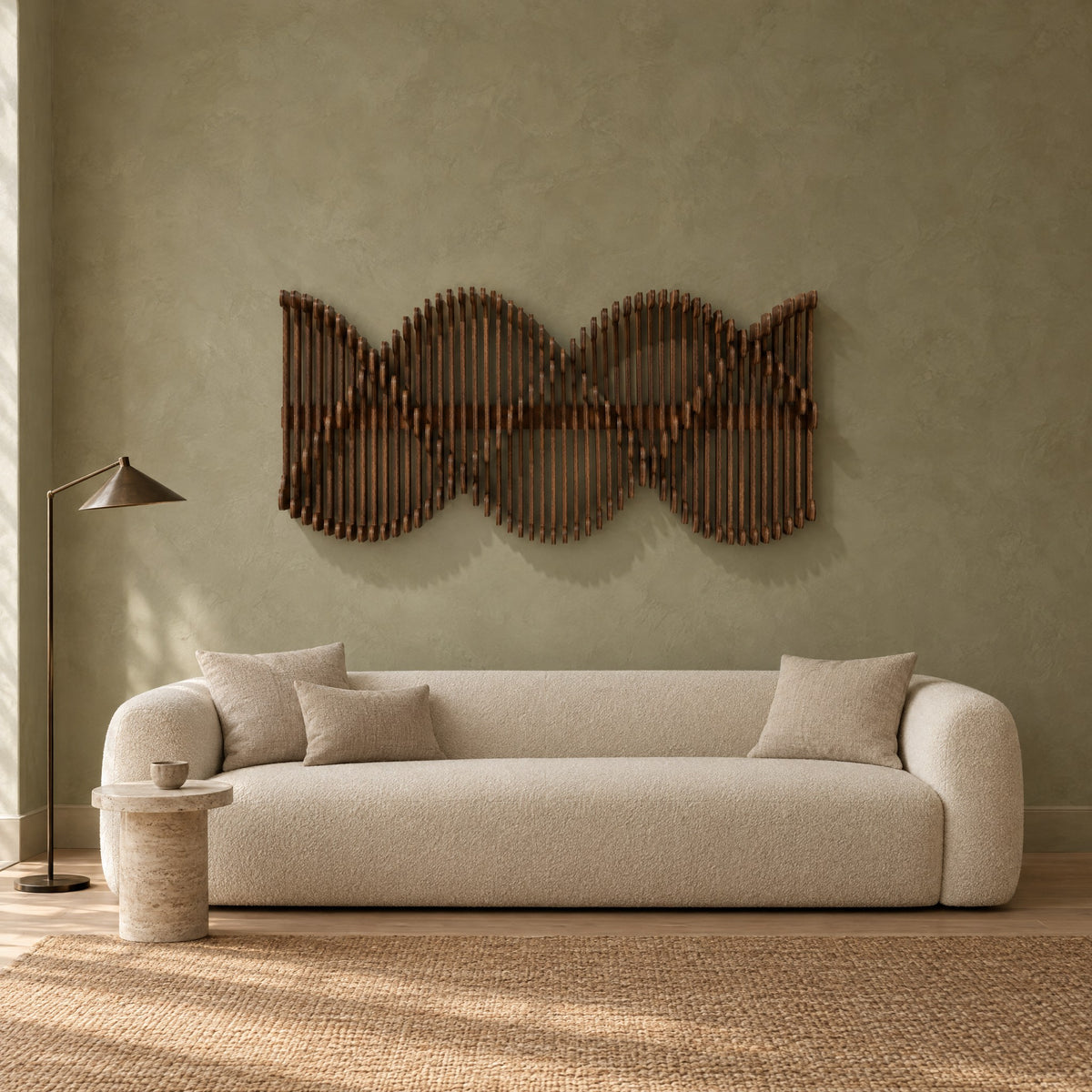 Helix in walnut stain above a cream bouclé sofa in a sage plaster living room