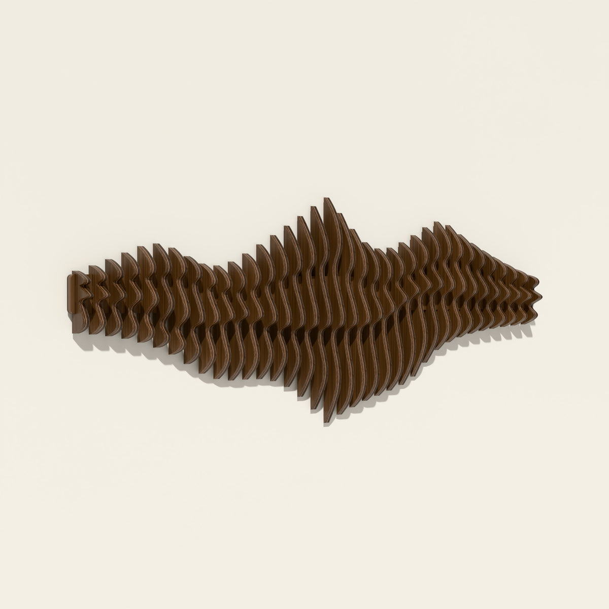 Liminal wall sculpture, birch hand-stained in a walnut tone, seen from the side