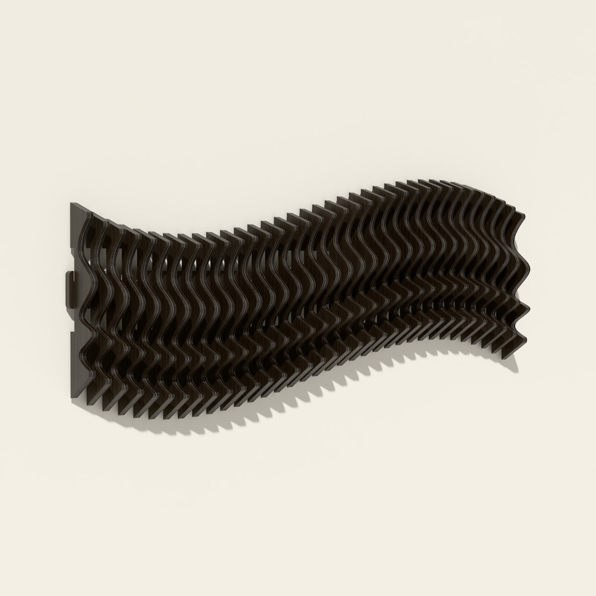 Meander wood wall sculpture in black stain, side angle