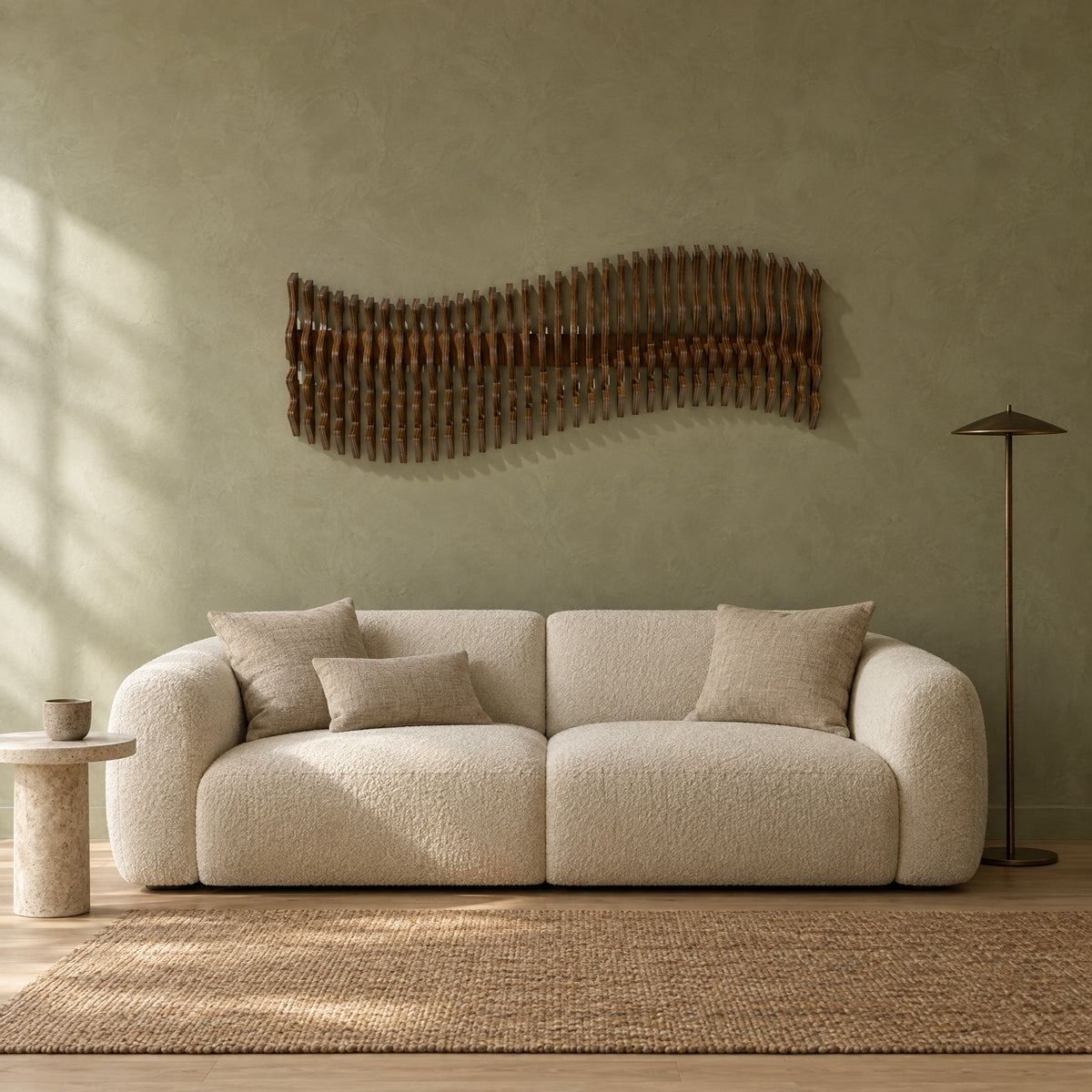 Meander in walnut stain above a cream bouclé sofa in a sage plaster living room