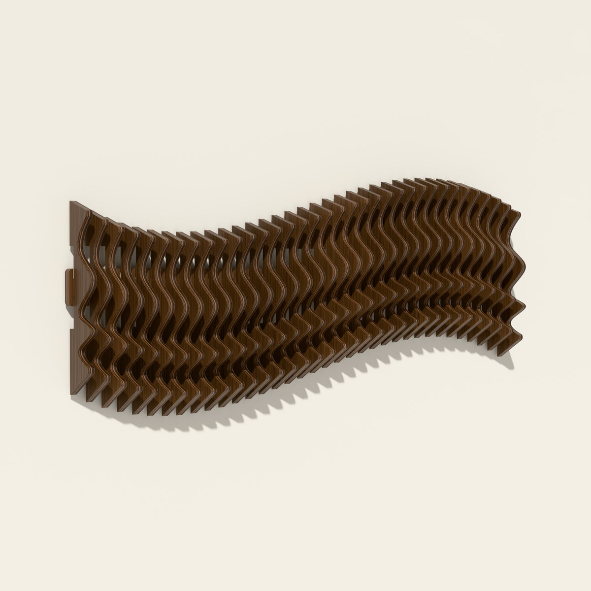 Meander wood wall sculpture in walnut stain, side angle