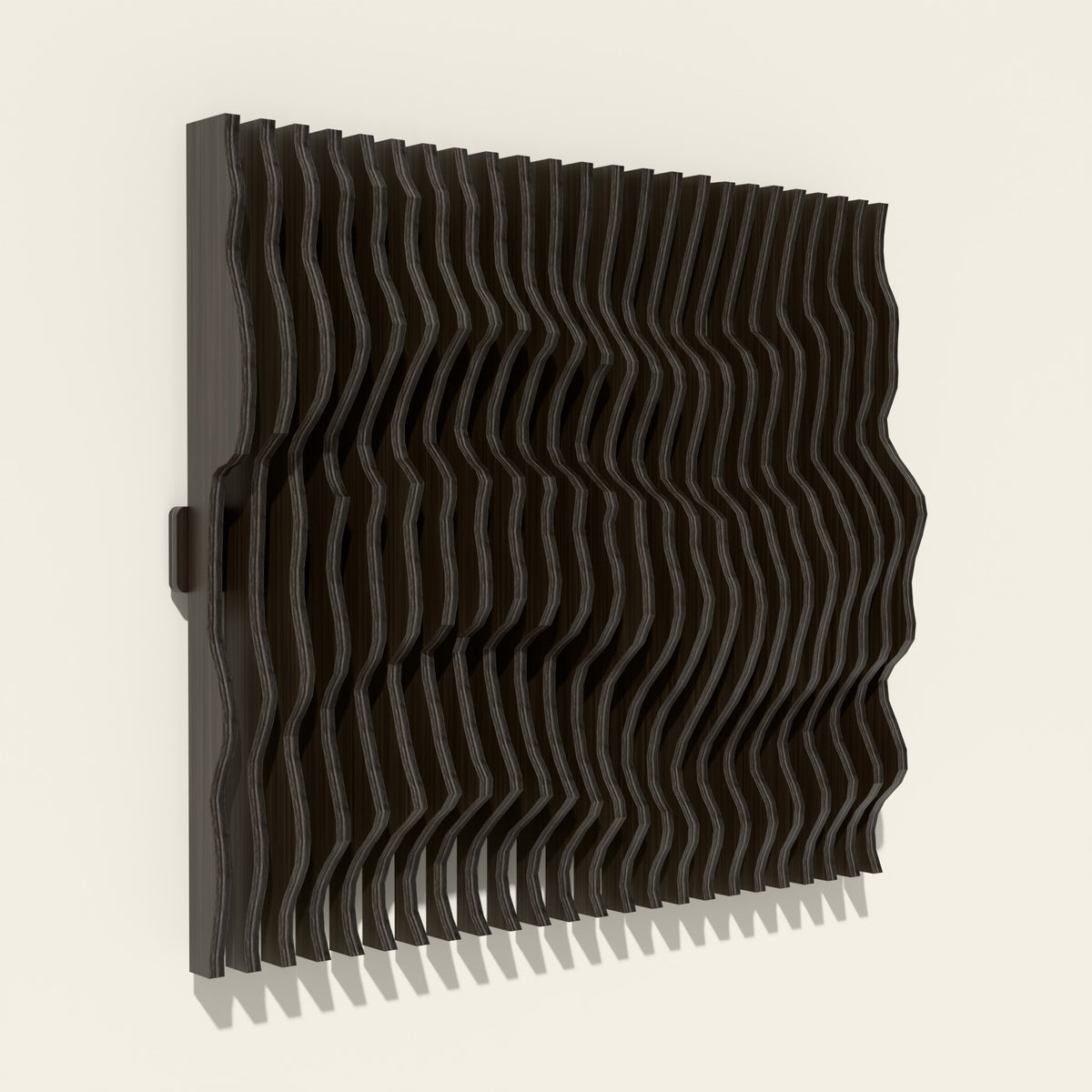 Nami wood wall sculpture in black stain, side angle