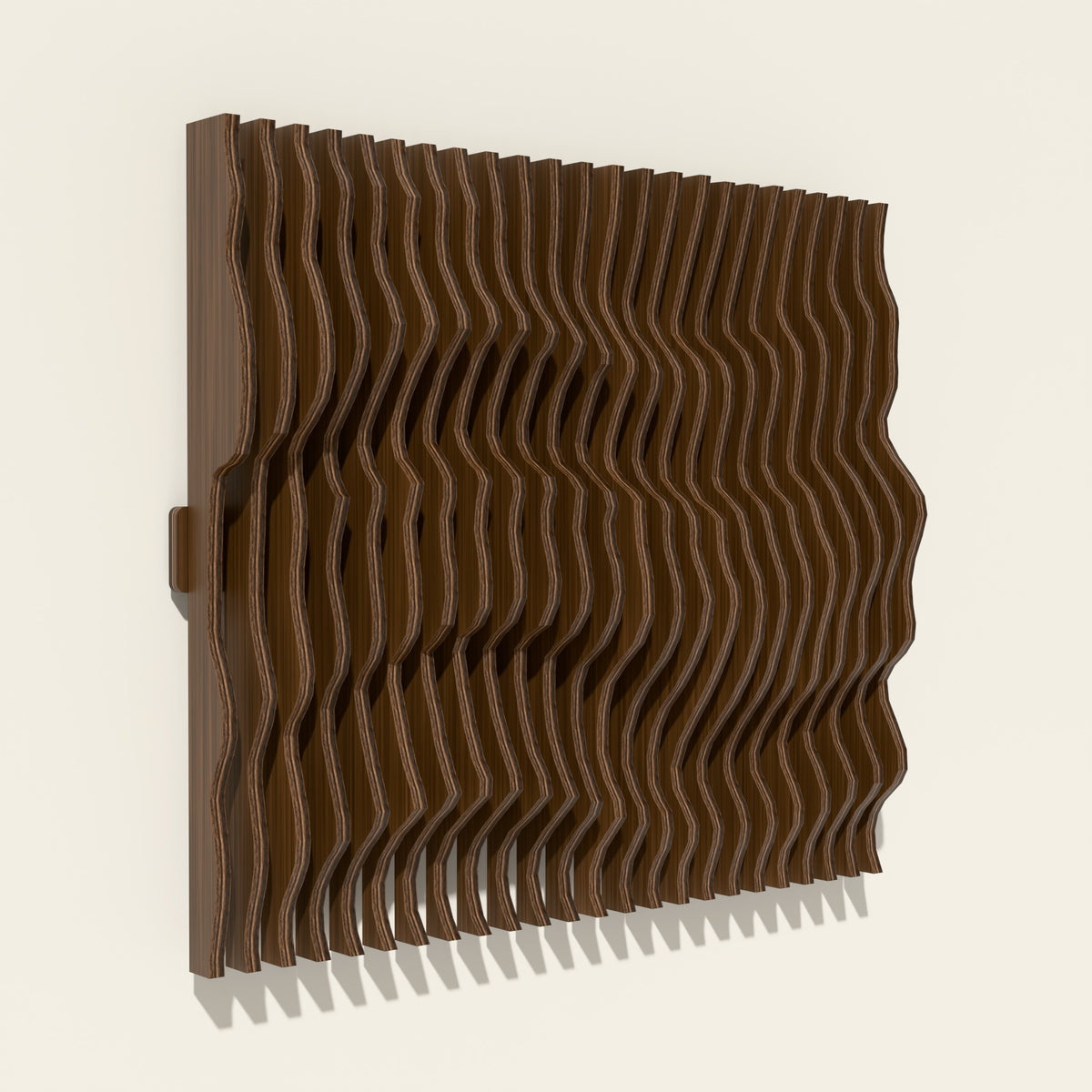 Nami wood wall sculpture in walnut stain, side angle