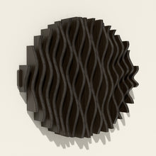 Orbit wood wall sculpture in black stain, side angle