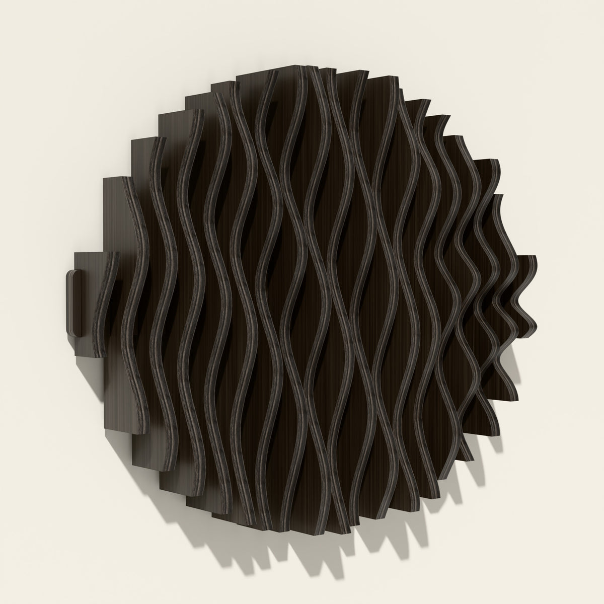 Orbit wood wall sculpture in black stain, side angle