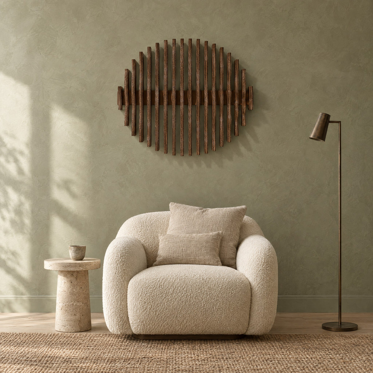 Orbit in walnut stain above a cream bouclé armchair in a sage plaster living room