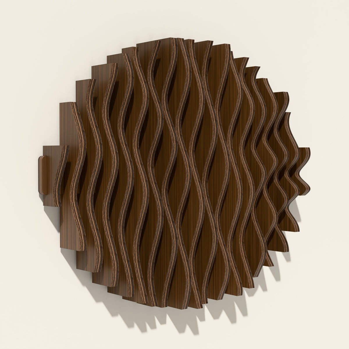 Orbit wood wall sculpture in walnut stain, side angle