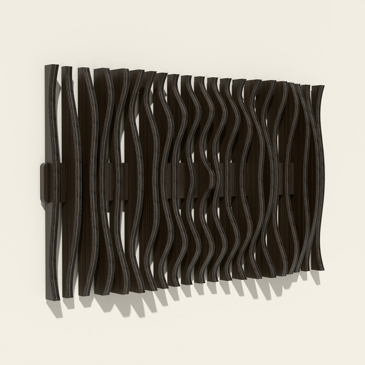 Resonance wood wall sculpture in black stain, side angle