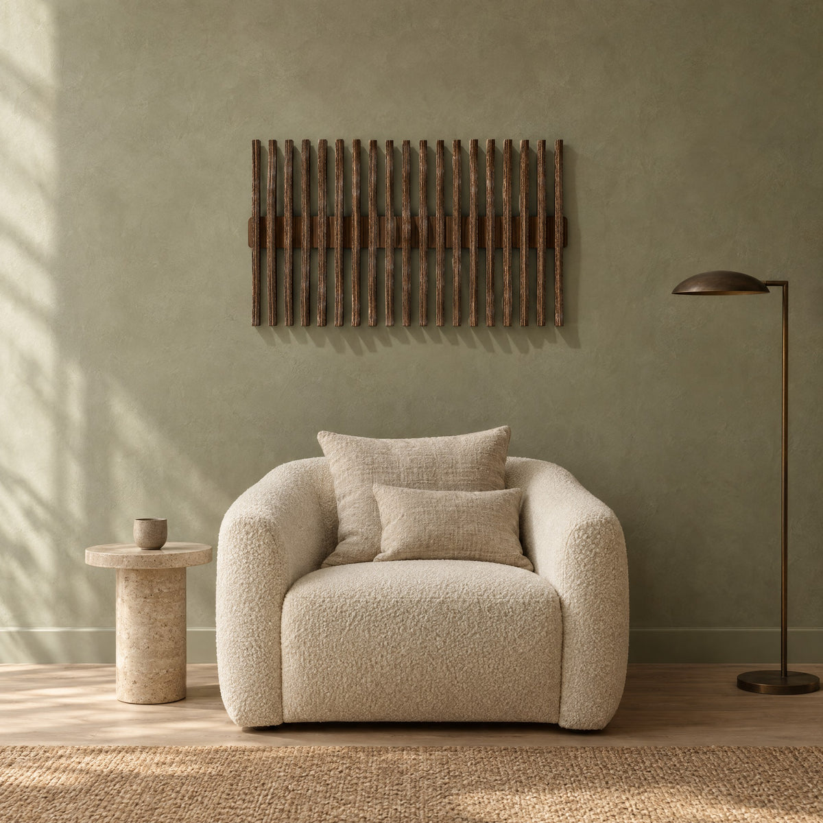Resonance in walnut stain above a cream bouclé armchair in a sage plaster living room