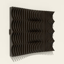 Strata wood wall sculpture in black stain, side angle