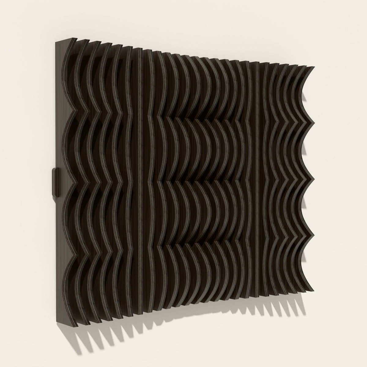 Strata wood wall sculpture in black stain, side angle