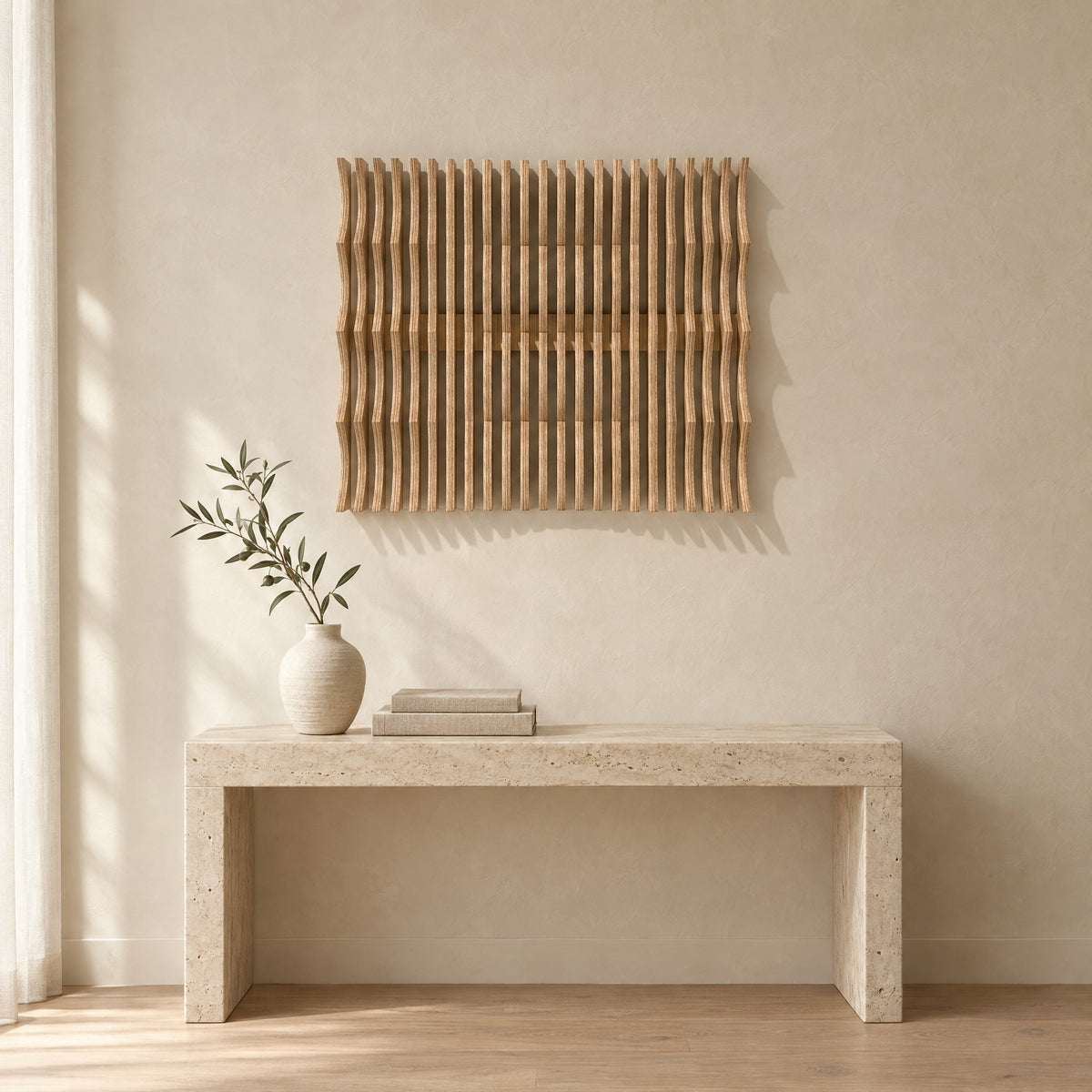 Strata in natural birch above a travertine console in an ivory limewash living room