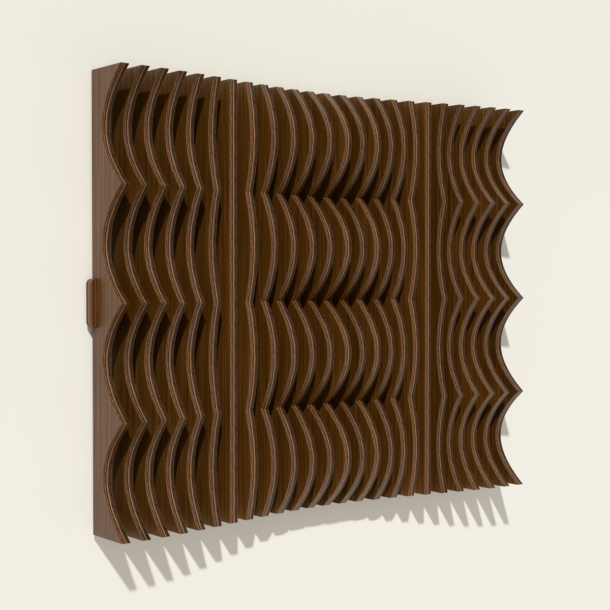 Strata wood wall sculpture in walnut stain, side angle